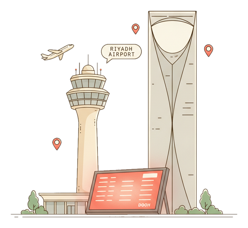 Illustrated King Khalid International Airport, Riyadh landmark with glowing coral Blindspot DOOH advertising screens