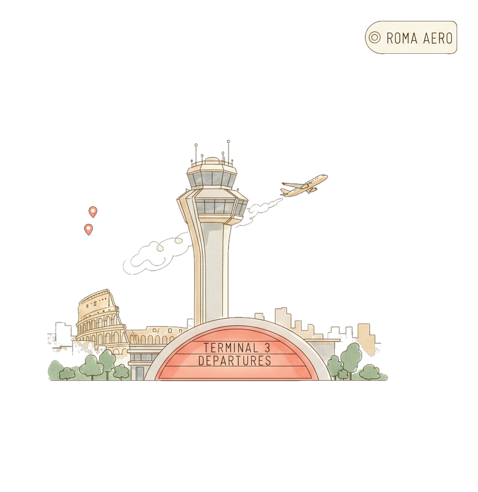 Illustrated Rome Fiumicino Airport landmark with glowing coral Blindspot DOOH advertising screens