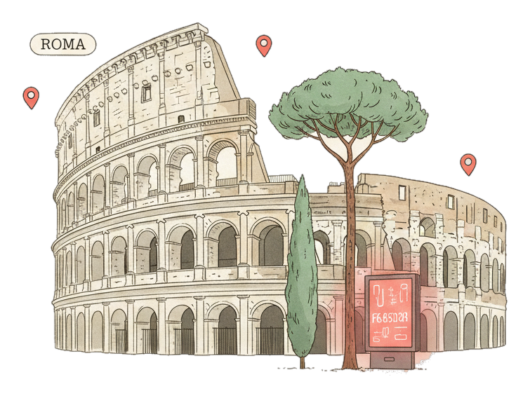 Illustrated Rome's Colosseum with glowing coral Blindspot DOOH advertising screens