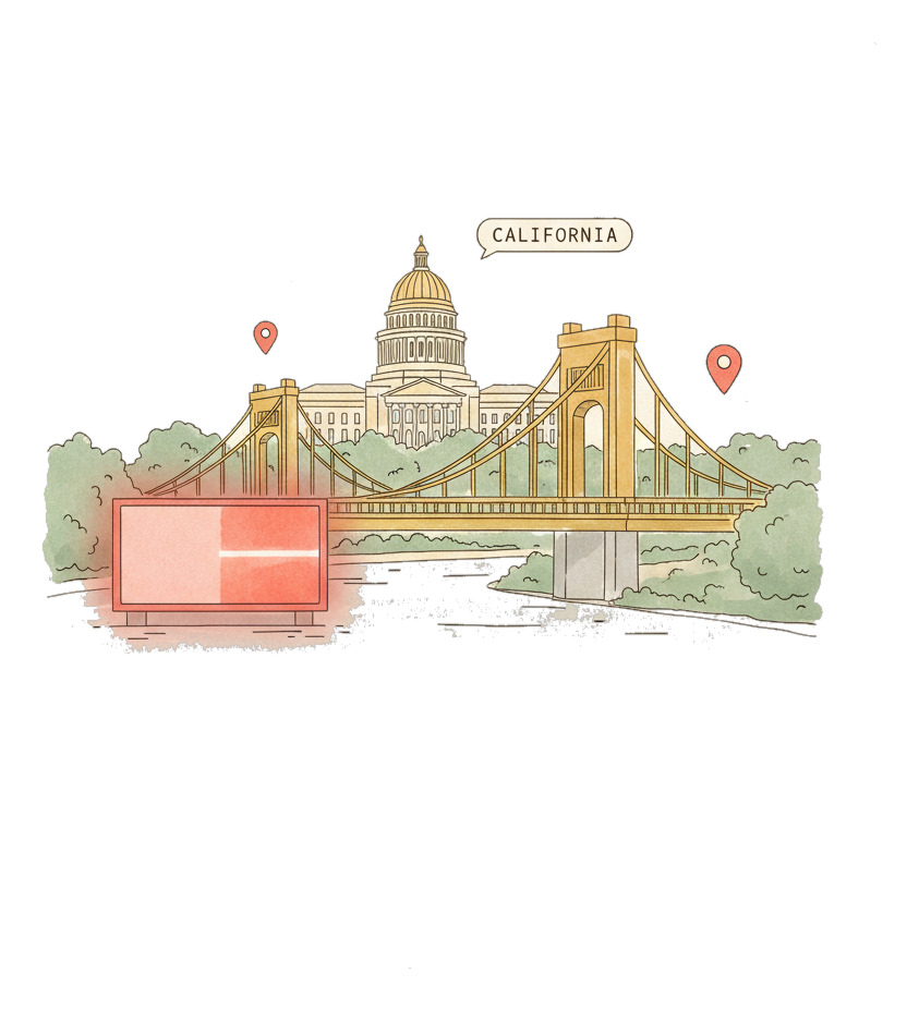 Illustrated Sacramento landmark with glowing coral Blindspot DOOH advertising screens
