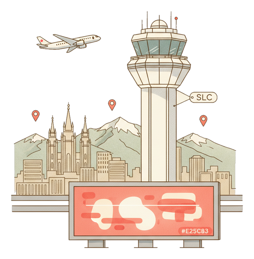 Illustrated Salt Lake City International Airport landmark with glowing coral Blindspot DOOH advertising screens