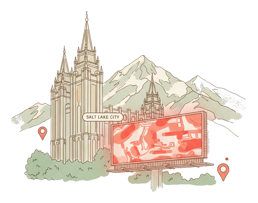 Illustrated Salt Lake City landmark with glowing coral Blindspot DOOH advertising screens