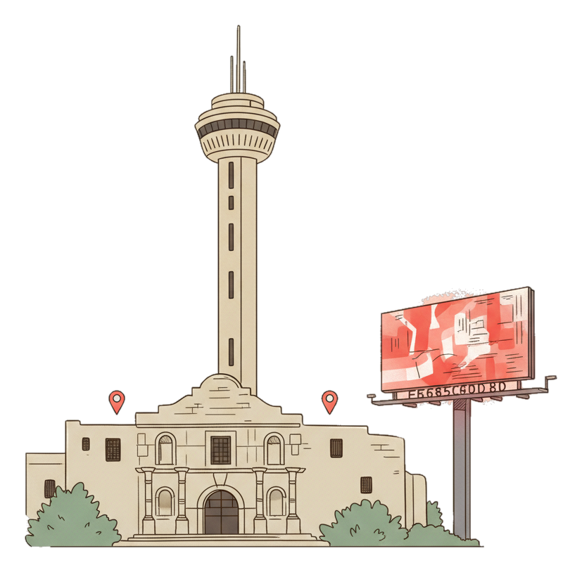 Illustrated San Antonio landmark with glowing coral Blindspot DOOH advertising screens