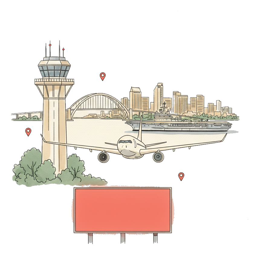 Illustrated San Diego International Airport landmark with glowing coral Blindspot DOOH advertising screens