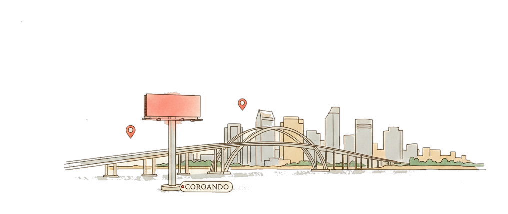 Illustrated San Diego landmark with glowing coral Blindspot DOOH advertising screens