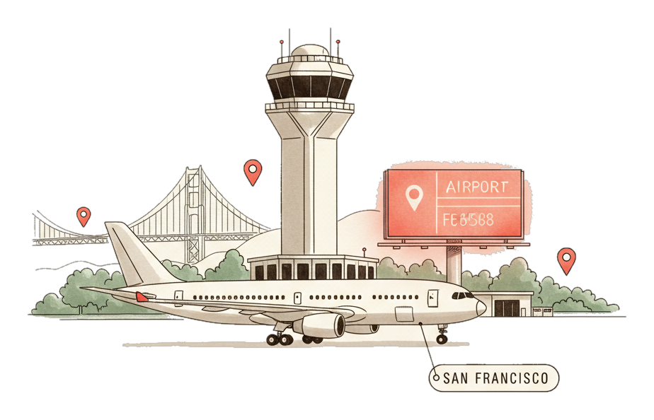 Illustrated San Francisco Airport landmark with glowing coral Blindspot DOOH advertising screens