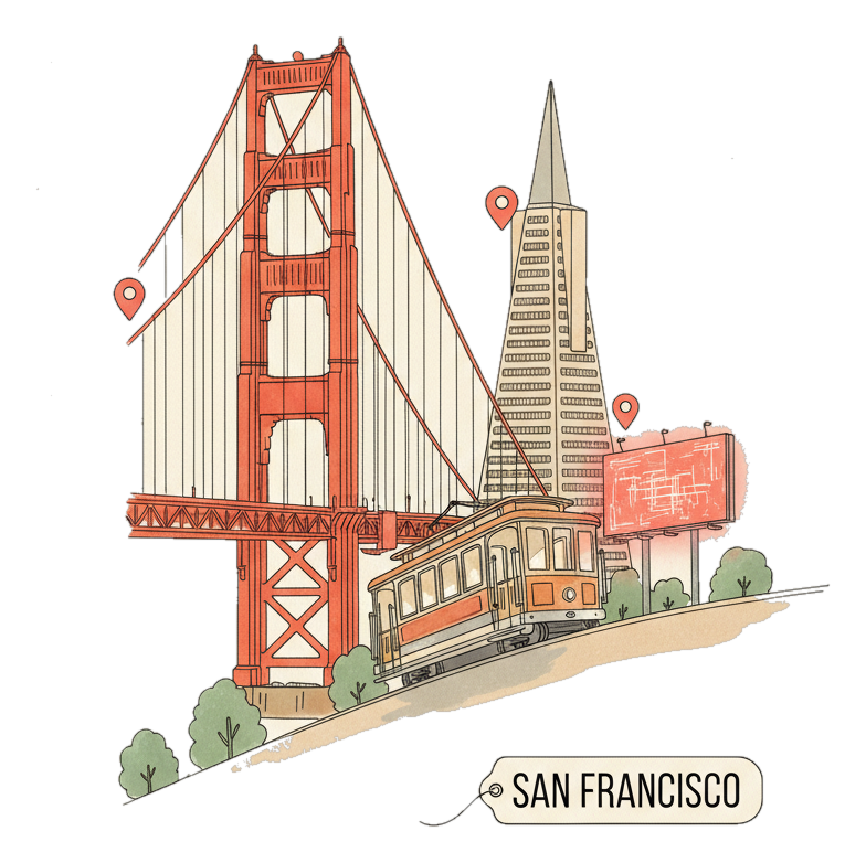 Illustrated San Francisco's Golden Gate Bridge and a cable car with glowing coral Blindspot DOOH advertising screens