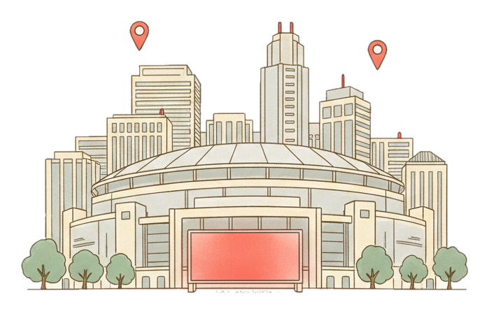Illustrated San Jose landmark with glowing coral Blindspot DOOH advertising screens