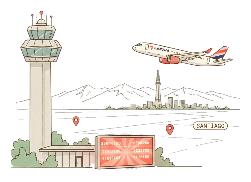 Illustrated Santiago Arturo Merino Benitez Airport landmark with glowing coral Blindspot DOOH advertising screens