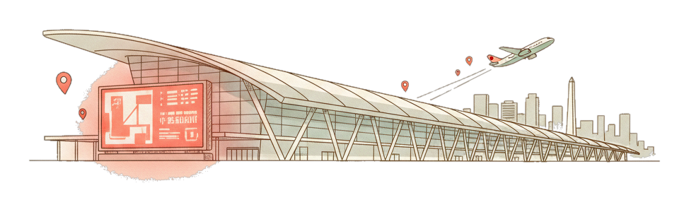 Illustrated Sao Paulo Guarulhos International landmark with glowing coral Blindspot DOOH advertising screens