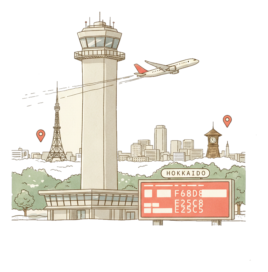 Illustrated Sapporo New Chitose Airport landmark with glowing coral Blindspot DOOH advertising screens