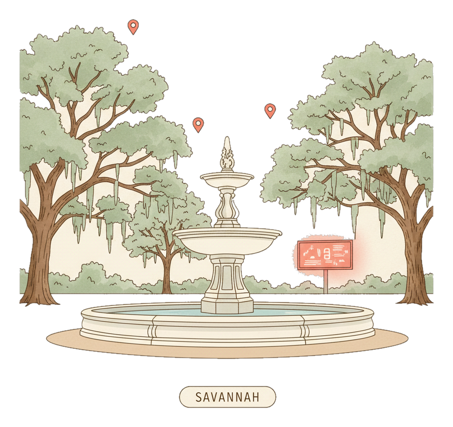 Illustrated Savannah landmark with glowing coral Blindspot DOOH advertising screens