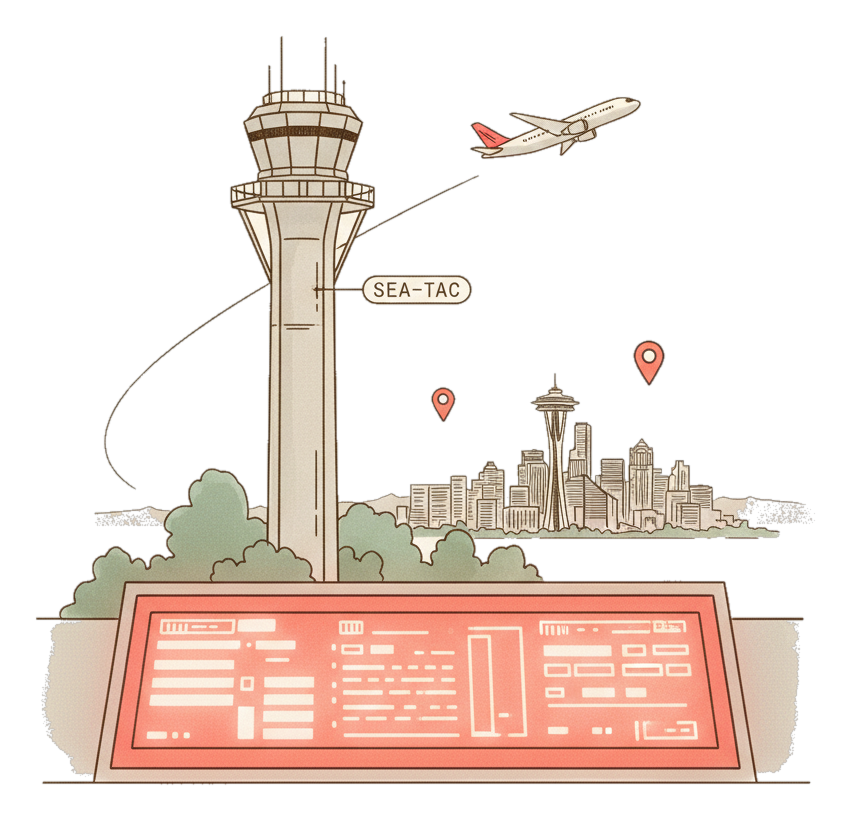 Illustrated Seattle Airport landmark with glowing coral Blindspot DOOH advertising screens