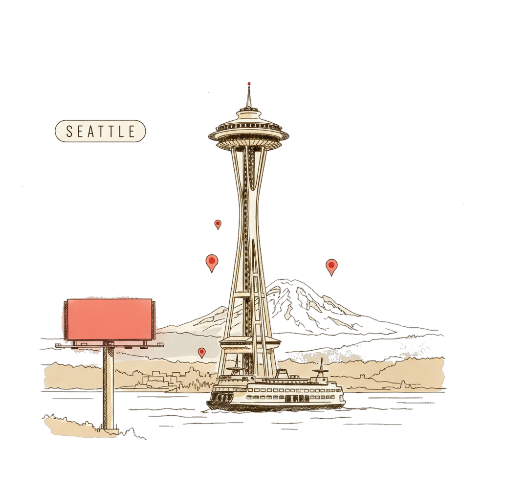 Illustrated Seattle's Space Needle and Mount Rainier with glowing coral Blindspot DOOH advertising screens