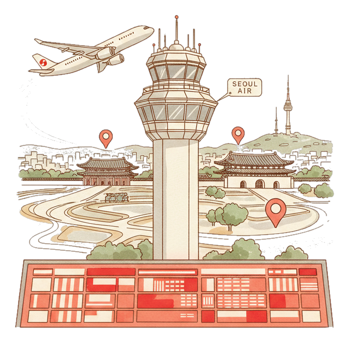 Illustrated Gimpo International Airport landmark with glowing coral Blindspot DOOH advertising screens