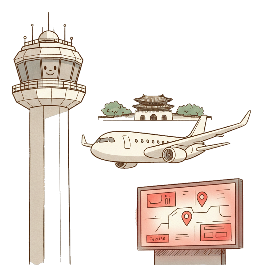 Illustrated Incheon Airport landmark with glowing coral Blindspot DOOH advertising screens