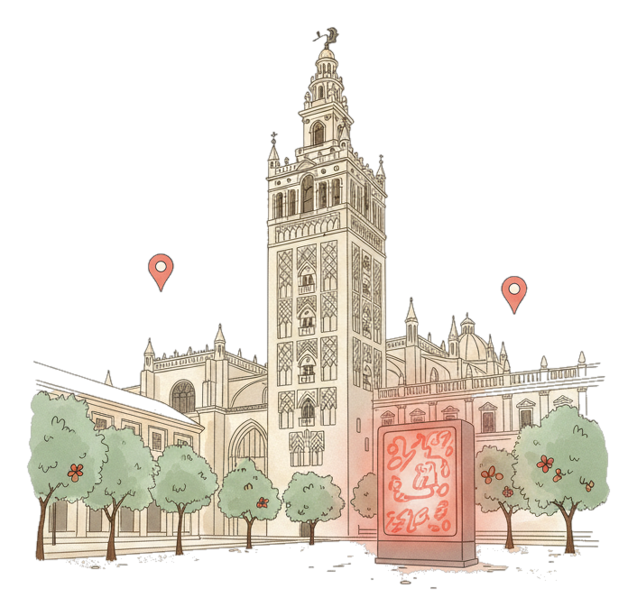 Illustrated Seville landmark with glowing coral Blindspot DOOH advertising screens