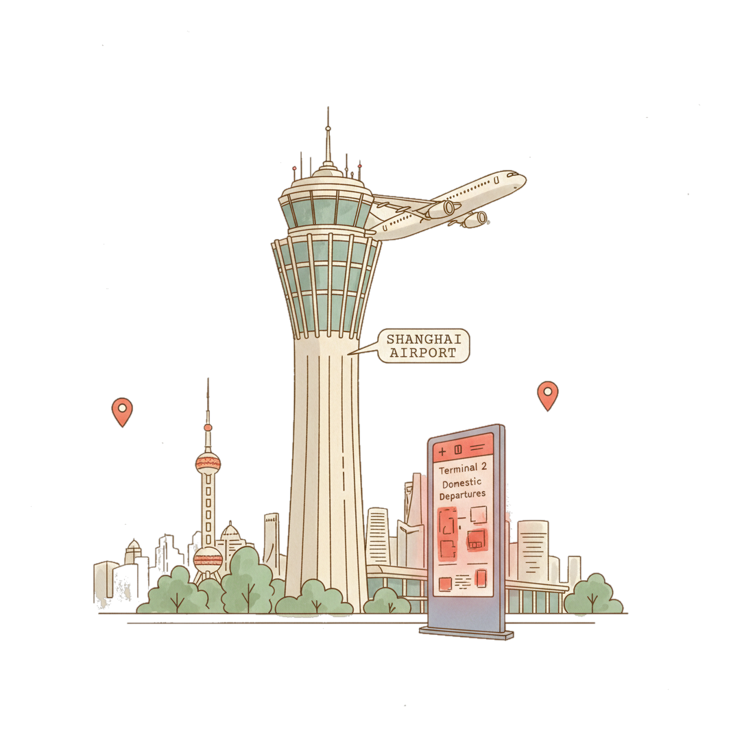 Illustrated Shanghai Hongqiao Airport landmark with glowing coral Blindspot DOOH advertising screens