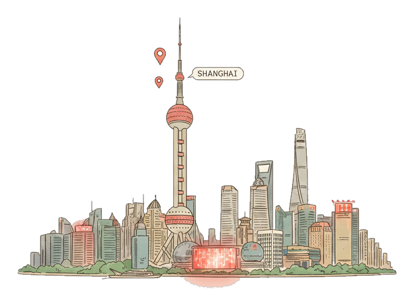 Illustrated Shanghai landmark with glowing coral Blindspot DOOH advertising screens