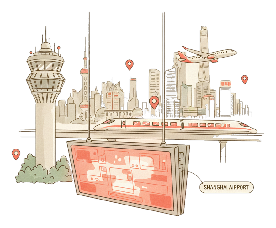 Illustrated Shanghai Pudong landmark with glowing coral Blindspot DOOH advertising screens