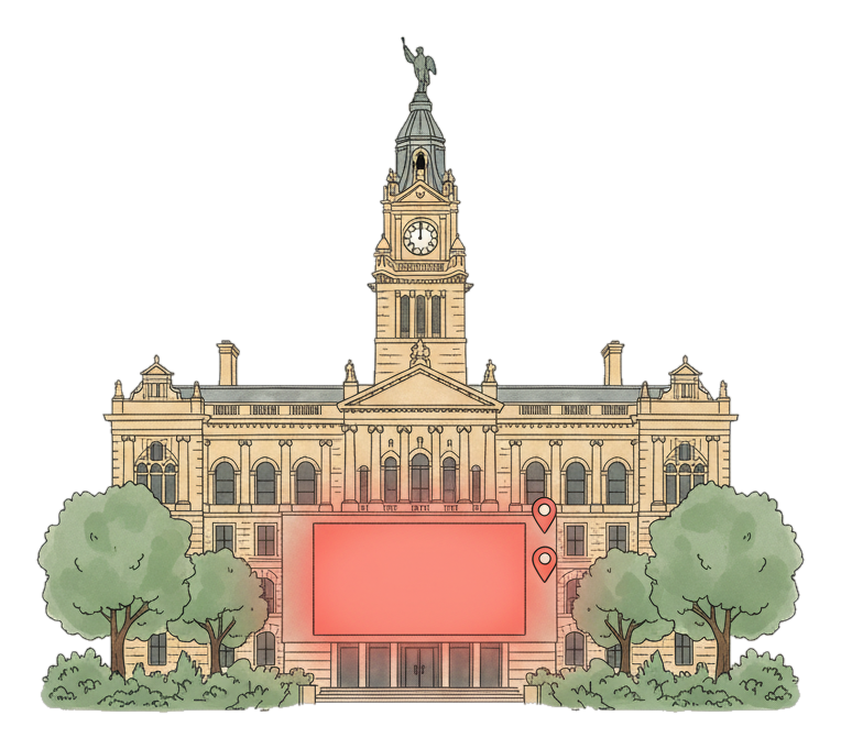 Illustrated Sheffield landmark with glowing coral Blindspot DOOH advertising screens