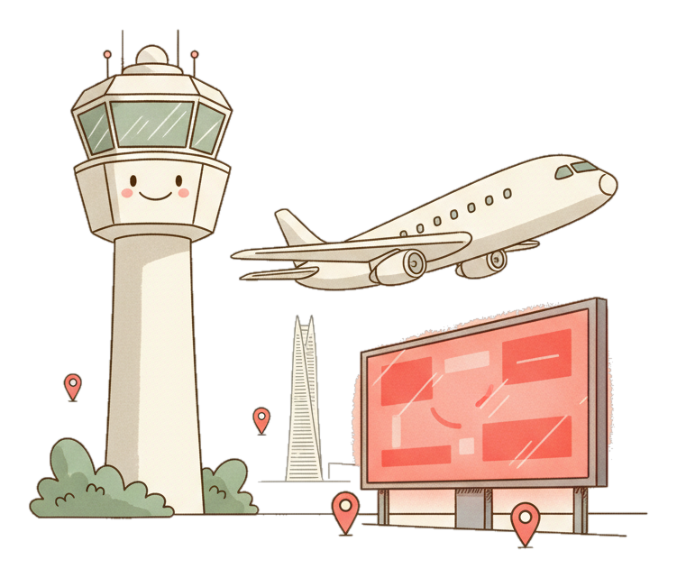 Illustrated Shenzhen Airport landmark with glowing coral Blindspot DOOH advertising screens