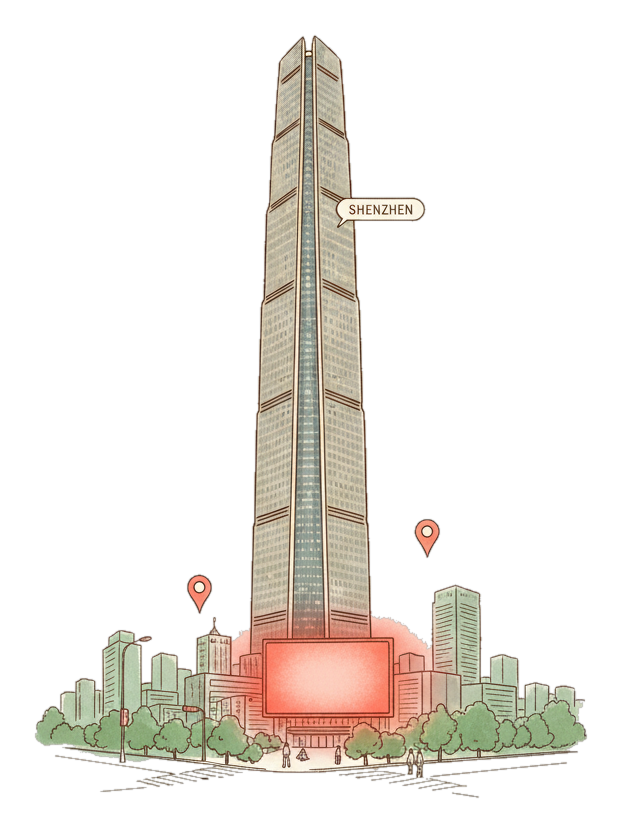 Illustrated Shenzhen landmark with glowing coral Blindspot DOOH advertising screens