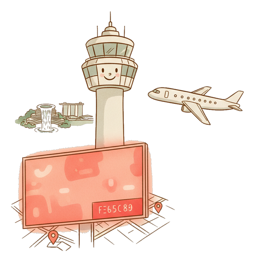 Illustrated Singapore Changi landmark with glowing coral Blindspot DOOH advertising screens