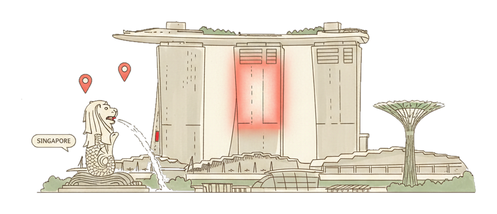 Illustrated Singapore's Marina Bay Sands and the Merlion with glowing coral Blindspot DOOH advertising screens