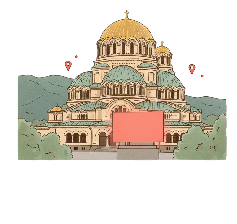 Illustrated Sofia landmark with glowing coral Blindspot DOOH advertising screens