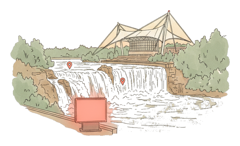 Illustrated Spokane landmark with glowing coral Blindspot DOOH advertising screens