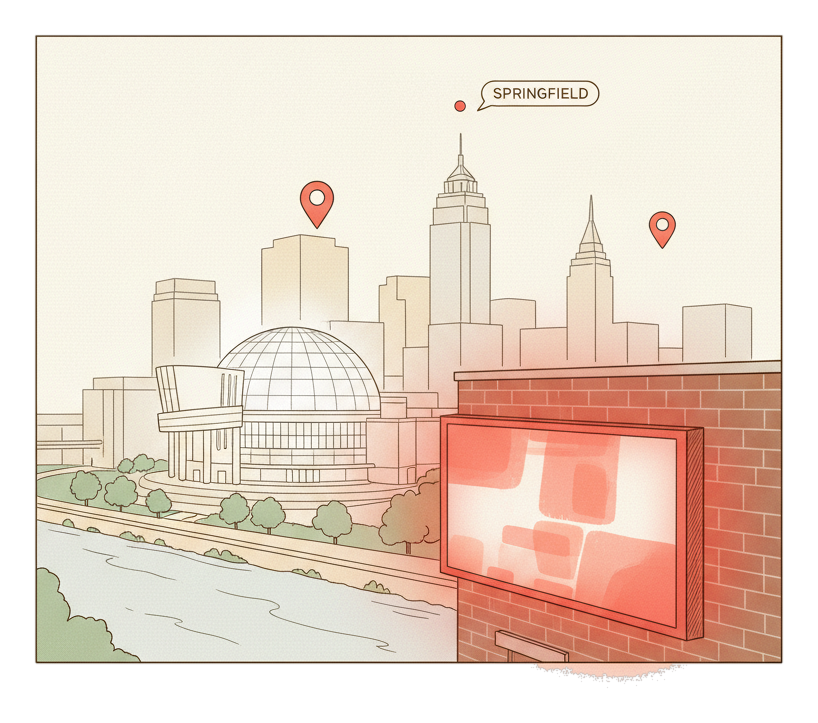 Illustrated Springfield landmark with glowing coral Blindspot DOOH advertising screens