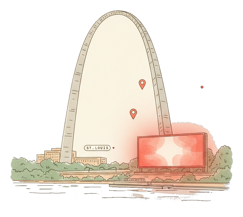 Illustrated St. Louis landmark with glowing coral Blindspot DOOH advertising screens
