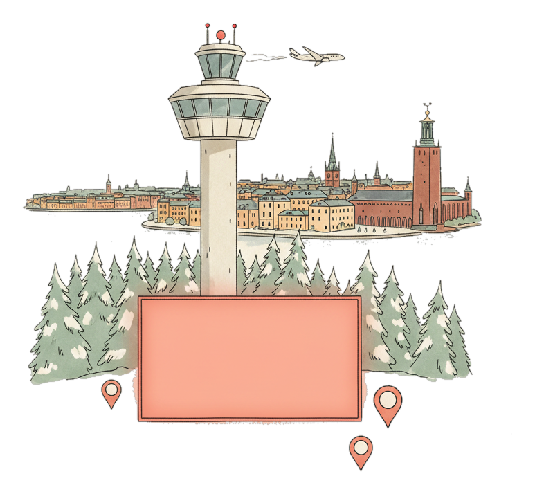 Illustrated Stockholm Arlanda Airport landmark with glowing coral Blindspot DOOH advertising screens
