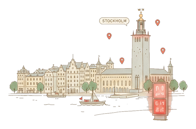 Illustrated Stockholm's old town and City Hall with glowing coral Blindspot DOOH advertising screens