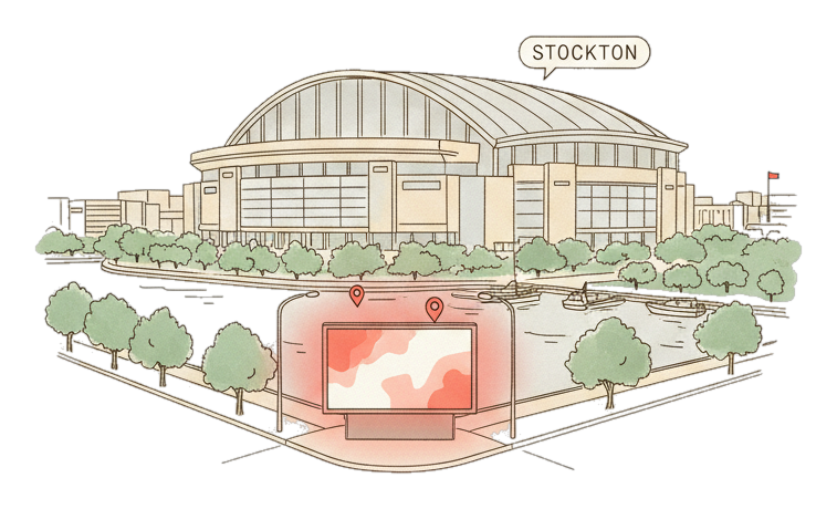 Illustrated Stockton landmark with glowing coral Blindspot DOOH advertising screens