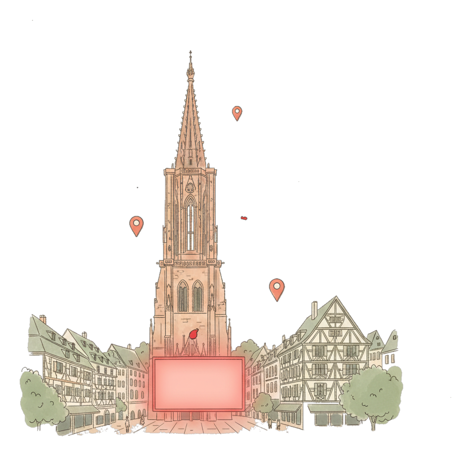 Illustrated Strasbourg landmark with glowing coral Blindspot DOOH advertising screens