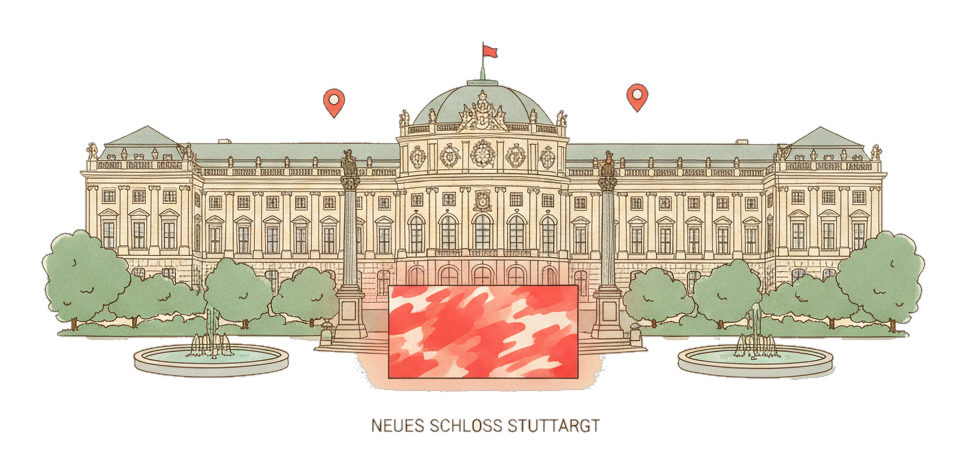 Illustrated Stuttgart landmark with glowing coral Blindspot DOOH advertising screens