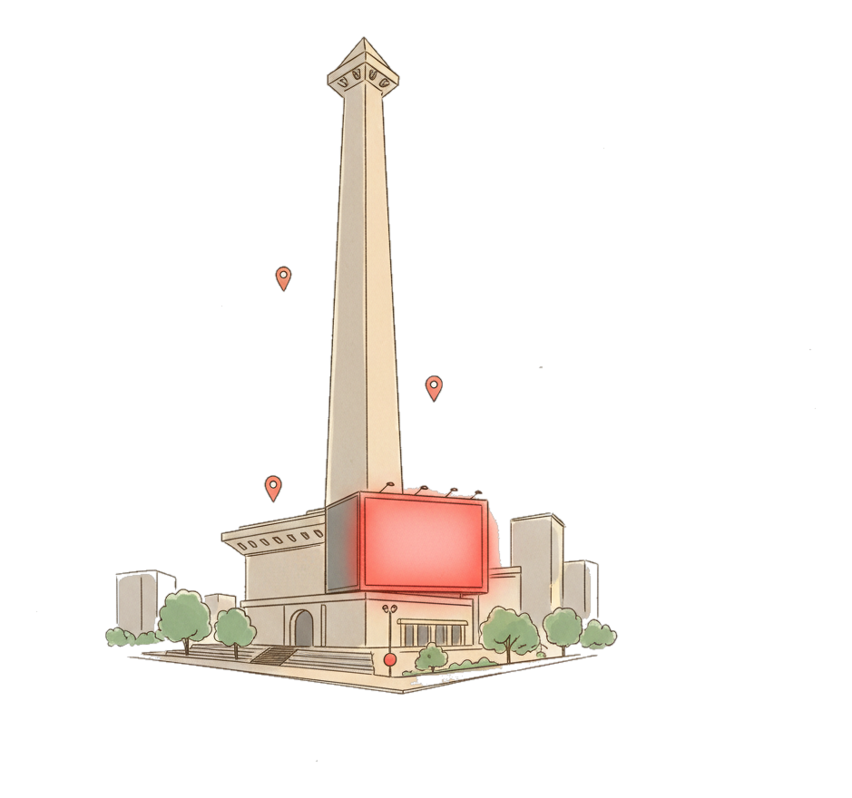 Illustrated Surabaya landmark with glowing coral Blindspot DOOH advertising screens