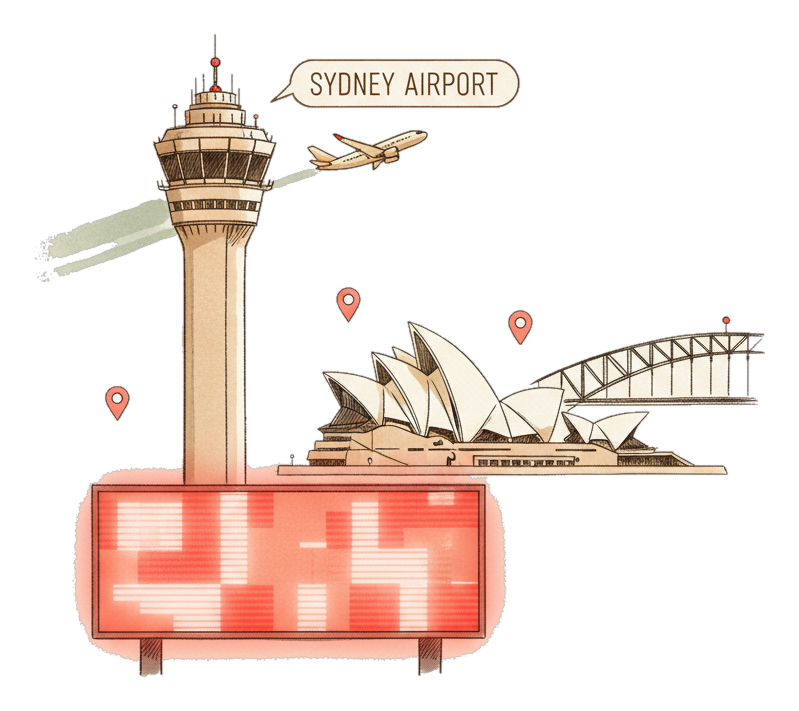 Illustrated Sydney Kingsford Smith Airport landmark with glowing coral Blindspot DOOH advertising screens
