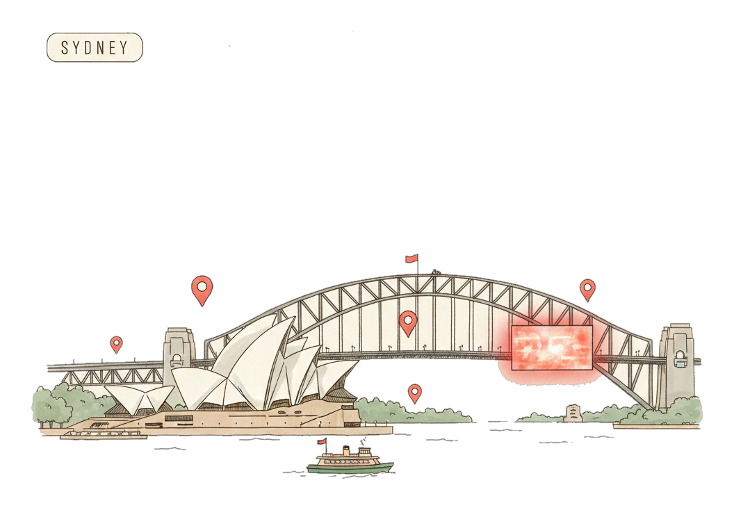 Illustrated Sydney's Opera House and Harbour Bridge with glowing coral Blindspot DOOH advertising screens