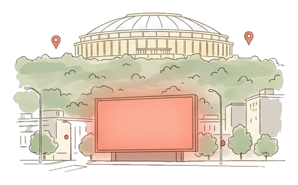 Illustrated Syracuse landmark with glowing coral Blindspot DOOH advertising screens