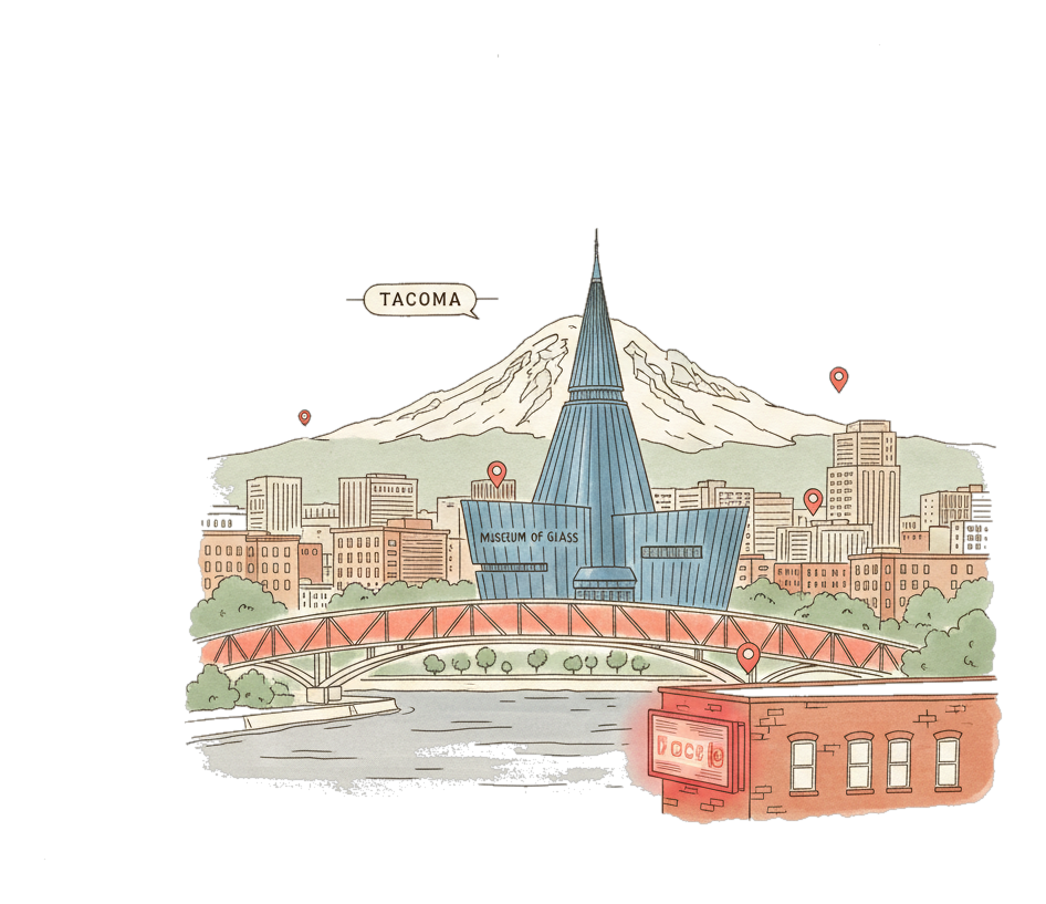 Illustrated Tacoma landmark with glowing coral Blindspot DOOH advertising screens