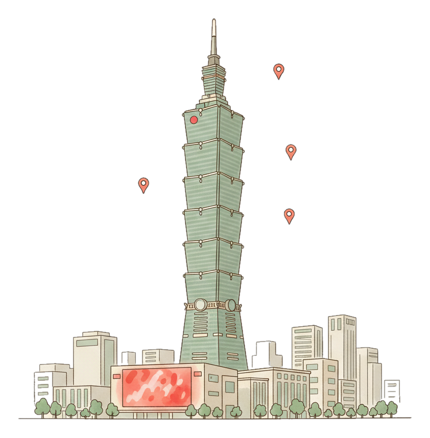 Illustrated Taipei landmark with glowing coral Blindspot DOOH advertising screens