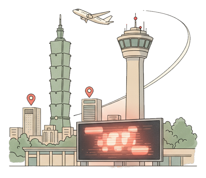 Illustrated Taoyuan International Airport, Taipei landmark with glowing coral Blindspot DOOH advertising screens