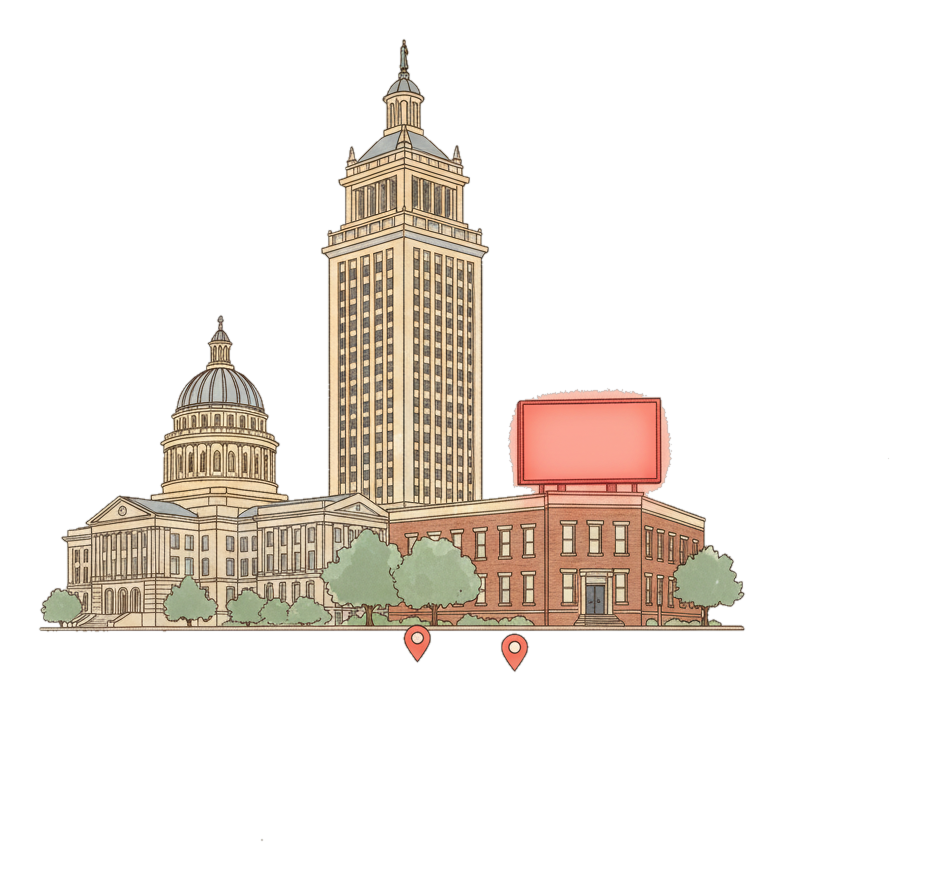 Illustrated Tallahassee landmark with glowing coral Blindspot DOOH advertising screens