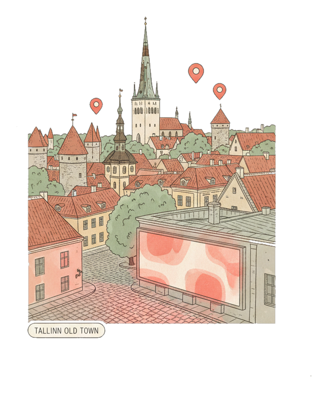 Illustrated Tallinn landmark with glowing coral Blindspot DOOH advertising screens