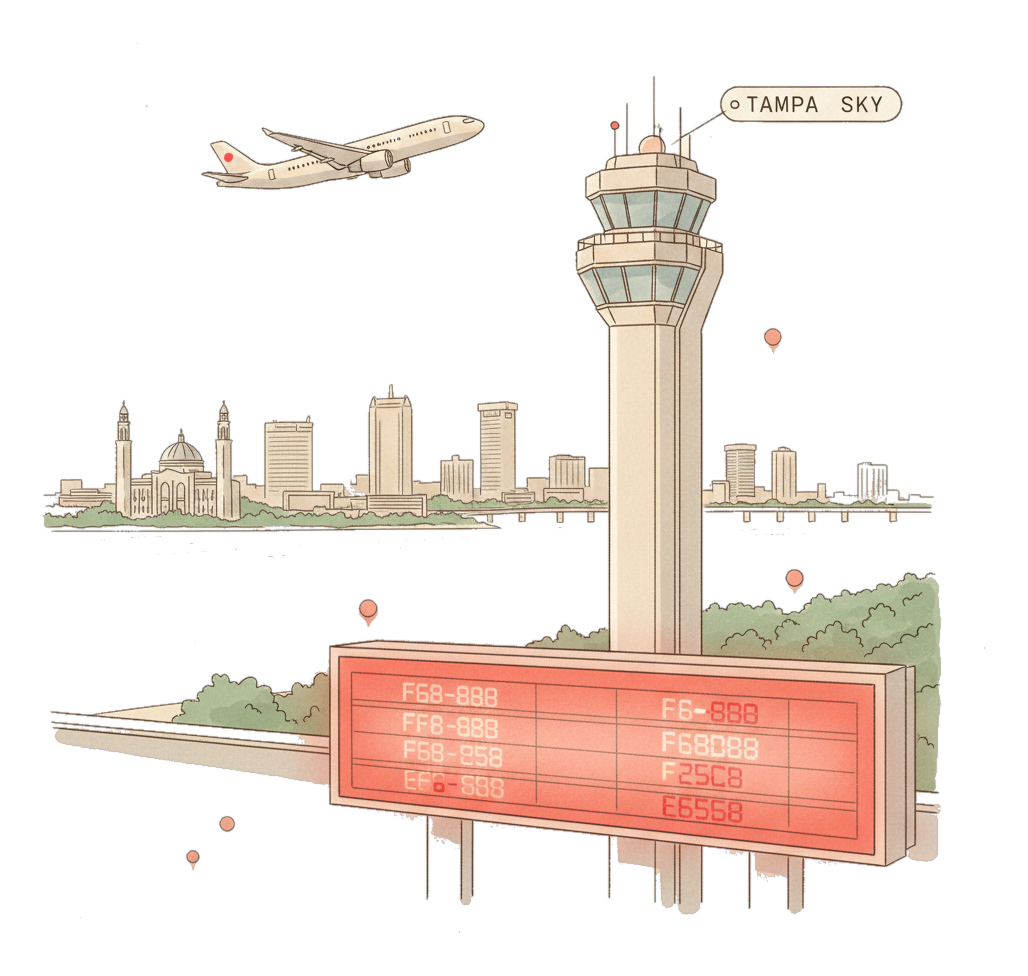 Illustrated Tampa International Airport landmark with glowing coral Blindspot DOOH advertising screens