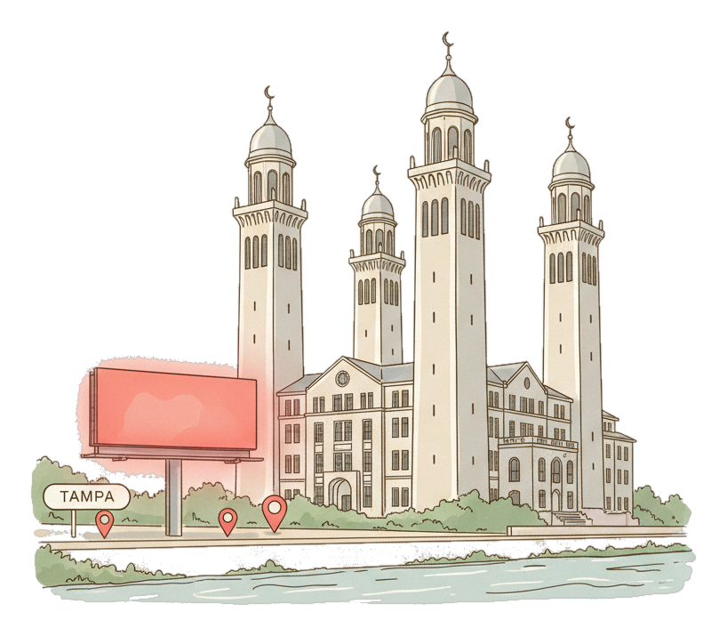 Illustrated Tampa landmark with glowing coral Blindspot DOOH advertising screens