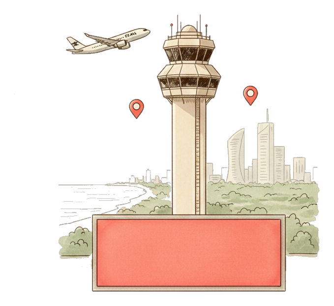 Illustrated Ben Gurion Airport landmark with glowing coral Blindspot DOOH advertising screens
